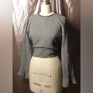 Zara split sleeve black and white gingham blouse